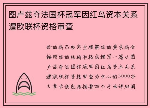 图卢兹夺法国杯冠军因红鸟资本关系遭欧联杯资格审查